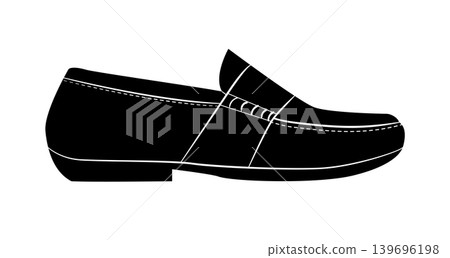 Black silhouette of elegant loafer shoe with decorative strap and low heel. Vector illustration of classic formal footwear isolated on white background. Black silhouette of elegant loafer shoe with decorative strap and low heel. Vector illustration of classic formal footwear isolated on white background. 139696198