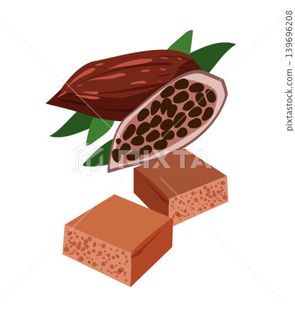 Cartoon vector illustration of cocoa pods with beans and chocolate blocks isolated on a white background for food design. Cartoon vector illustration of cocoa pods with beans and chocolate blocks isolated on a white background for food design. 139696208