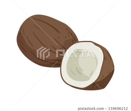 Cartoon vector illustration of whole and cut coconut, isolated on a white background for tropical food and fruit design. Cartoon vector illustration of whole and cut coconut, isolated on a white background for tropical food and fruit design. 139696212