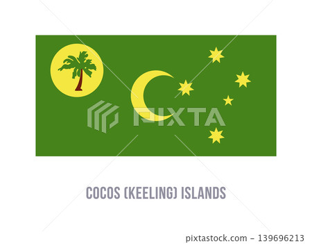 Flat vector illustration of the Cocos Islands flag with green field, palm tree, crescent, and yellow stars for territory symbol design. Flat vector illustration of the Cocos Islands flag with green field, palm tree, crescent, and yellow stars for territory symbol design. 139696213