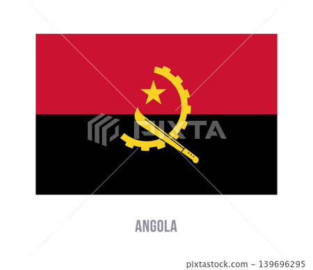 Flat vector illustration of the national flag of Angola with star, gear, and machete, isolated on a white background. Flat vector illustration of the national flag of Angola with star, gear, and machete, isolated on a white background. 139696295