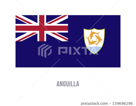 Flat vector illustration of the Anguilla flag with blue field, union canton, and shield with three dolphins for territory symbol design. Flat vector illustration of the Anguilla flag with blue field, union canton, and shield with three dolphins for territory symbol design. 139696296