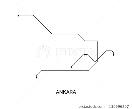 Minimal black and white vector illustration of an approximate Ankara metro map with simple transit lines and station points. 139696297