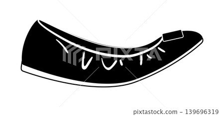 Black silhouette of ballet flat shoes with decorative bow on the toe. Vector illustration of elegant female footwear isolated on a white background. 139696319