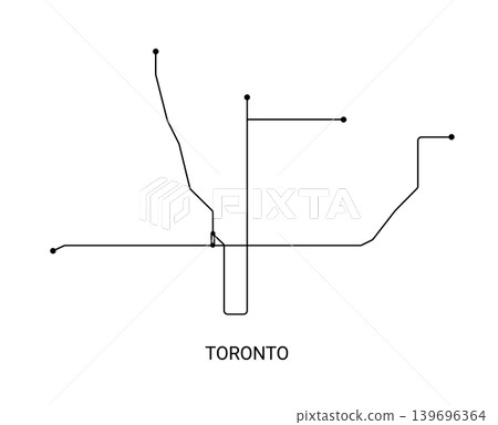 Minimal black and white vector illustration of an approximate Toronto metro map with transit lines and station points. 139696364