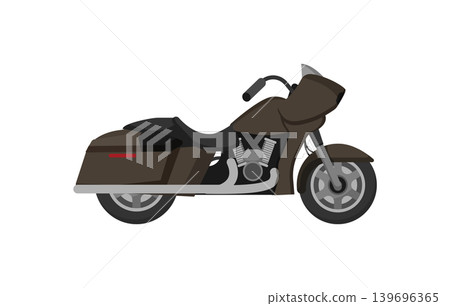 Cartoon vector illustration of a dark touring motorcycle with large wheels and side storage, isolated on a white background for vehicle design. Cartoon vector illustration of a dark touring motorcycle with large wheels and side storage, isolated on a white background for vehicle design. 139696365