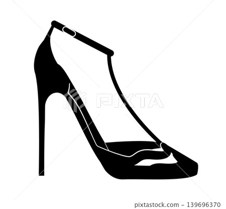 Line outline illustration of women high heel pumps with transparent side panels and pointed toe. Fashion stiletto shoes isolated on white background. Line outline illustration of women high heel pumps with transparent side panels and pointed toe. Fashion stiletto shoes isolated on white background. 139696370