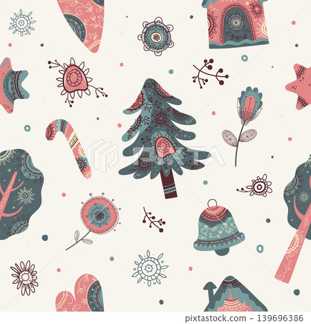 Seamless vector pattern with holiday trees, houses, candy canes, bells, flowers and ornaments for festive textile design. Seamless vector pattern with holiday trees, houses, candy canes, bells, flowers and ornaments for festive textile design. 139696386