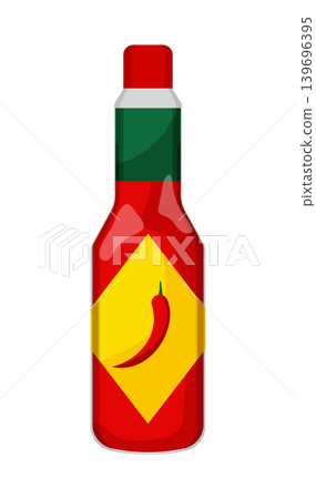 Cartoon vector illustration of a hot chili sauce bottle isolated on a white background for spicy condiment product design. Cartoon vector illustration of a hot chili sauce bottle isolated on a white background for spicy condiment product design. 139696395