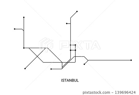 Minimal black and white vector illustration of an approximate Istanbul metro map with route lines and station points. Minimal black and white vector illustration of an approximate Istanbul metro map with route lines and station points. 139696424