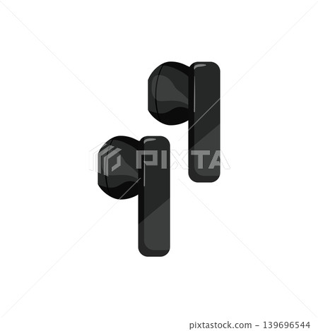 Black glossy wireless earbuds vector illustration. Modern audio accessory icon for music, mobile app, device interface, or technology design. Black glossy wireless earbuds vector illustration. Modern audio accessory icon for music, mobile app, device interface, or technology design. 139696544