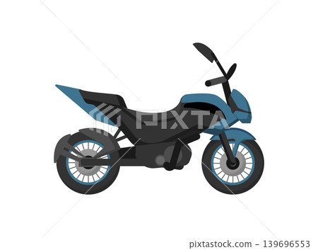 Cartoon vector illustration of a blue road motorcycle with black frame and detailed wheels, isolated on a white background for transport design. Cartoon vector illustration of a blue road motorcycle with black frame and detailed wheels, isolated on a white background for transport design. 139696553