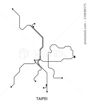Minimal black and white vector illustration of an approximate Taipei metro map with transit lines and station points. Minimal black and white vector illustration of an approximate Taipei metro map with transit lines and station points. 139696575