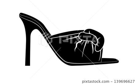 Black silhouette of elegant high heel mule sandals with decorative bow. Vector illustration of fashionable female footwear isolated on a white background. Black silhouette of elegant high heel mule sandals with decorative bow. Vector illustration of fashionable female footwear isolated on a white background. 139696627