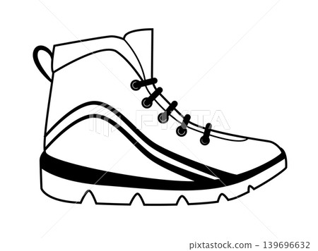 Line outline illustration of hiking ankle boots with lace up design and thick lug sole. Outdoor footwear vector illustration isolated on white background. Line outline illustration of hiking ankle boots with lace up design and thick lug sole. Outdoor footwear vector illustration isolated on white background. 139696632