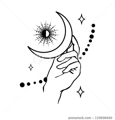 Black and white vector illustration of a hand holding a crescent moon with radiant sun symbol and dotted arc elements. Minimal mystical design for tattoo, print, or poster. Black and white vector illustration of a hand holding a crescent moon with radiant sun symbol and dotted arc elements. Minimal mystical design for tattoo, print, or poster. 139696680