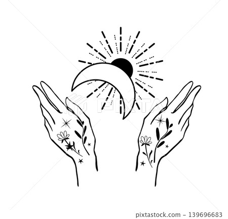 Black and white vector illustration of open hands holding a crescent moon with radiant lines. Mystical celestial design for tattoo, print, poster, or logo. Black and white vector illustration of open hands holding a crescent moon with radiant lines. Mystical celestial design for tattoo, print, poster, or logo. 139696683