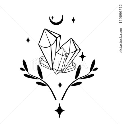 Black and white vector illustration of crystal clusters with leaves, crescent moon, and stars. Minimal mystical botanical design for tattoo, poster, sticker, or print. 139696712