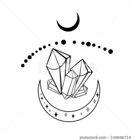 Black and white vector illustration of crystal cluster above a decorative crescent moon with dotted arc. Minimal mystical design for tattoo, print, or poster. 139696714