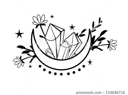 Black and white vector illustration of crystal clusters inside a crescent moon with flowers and stars. Mystical celestial design for tattoo, print, or poster. Black and white vector illustration of crystal clusters inside a crescent moon with flowers and stars. Mystical celestial design for tattoo, print, or poster. 139696716