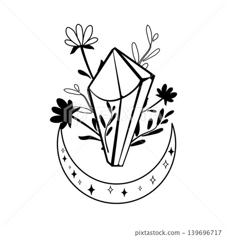 Black and white vector illustration of a crystal with flowers inside a decorative crescent moon. Mystical botanical design for tattoo, print, poster, or logo. Black and white vector illustration of a crystal with flowers inside a decorative crescent moon. Mystical botanical design for tattoo, print, poster, or logo. 139696717