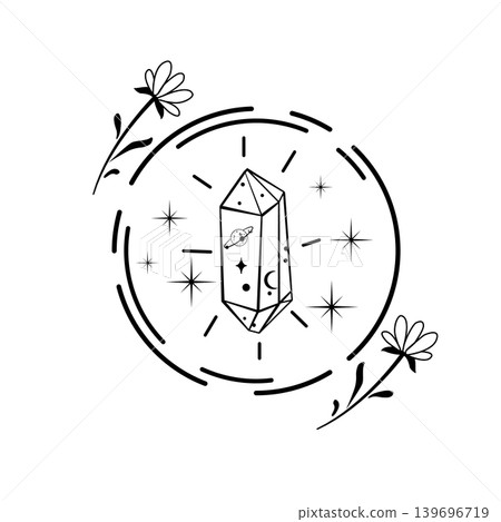 Black and white vector illustration of a crystal with circular lines, flowers, and stars. Mystical celestial design for tattoo, print, poster, or logo. 139696719