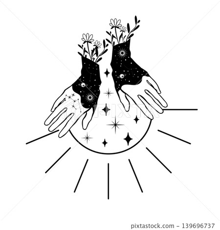 Black and white vector illustration of two decorated hands with flowers and a radiant semicircle. Mystical celestial design for tattoo, print, poster, or logo. Black and white vector illustration of two decorated hands with flowers and a radiant semicircle. Mystical celestial design for tattoo, print, poster, or logo. 139696737