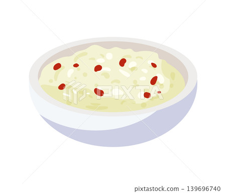 Cartoon vector illustration of cottage cheese in a bowl isolated on a white background for dairy food design. Cartoon vector illustration of cottage cheese in a bowl isolated on a white background for dairy food design. 139696740
