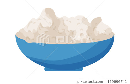 Cartoon vector illustration of cottage cheese in a blue bowl isolated on a white background for dairy food design. Cartoon vector illustration of cottage cheese in a blue bowl isolated on a white background for dairy food design. 139696741
