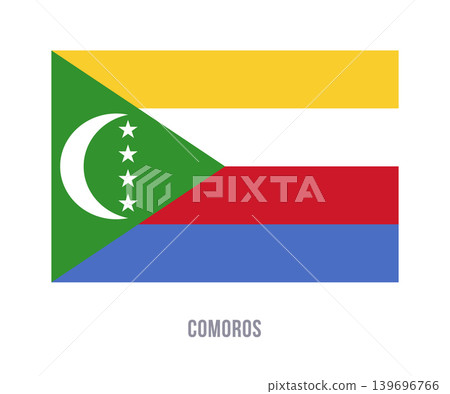 Flat vector illustration of the Comoros national flag with colored stripes, green triangle, crescent, and stars for country symbol design. 139696766