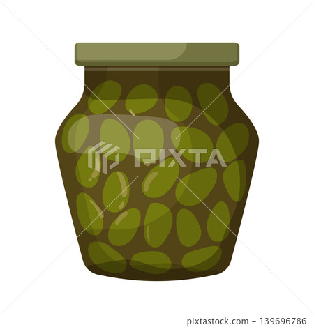 Cartoon vector illustration of a canned olive jar isolated on a white background for vegetable grocery product design. Cartoon vector illustration of a canned olive jar isolated on a white background for vegetable grocery product design. 139696786
