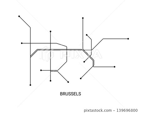 Minimal black and white vector illustration of an approximate Brussels metro map with simple lines and station dots. 139696800