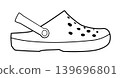 Line outline illustration of clog mules with buckle strap and closed toe. Vector illustration of casual comfort footwear isolated on a white background. 139696801