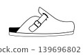 Line outline illustration of clog mules with buckle strap and closed toe. Vector illustration of casual comfort footwear isolated on a white background. 139696802