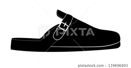 Black silhouette of a clog with adjustable strap and buckle. Minimal vector illustration of casual slip on footwear isolated on white background. Black silhouette of a clog with adjustable strap and buckle. Minimal vector illustration of casual slip on footwear isolated on white background. 139696803