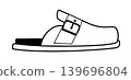 Line outline illustration of comfort sandal with buckle strap and closed toe. Vector illustration of ergonomic casual footwear isolated on a white background. 139696804