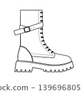 Line outline illustration of combat boots with platform sole, lace up closure and buckle strap. Fashion footwear vector illustration isolated on white background. 139696805