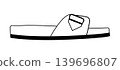 Line outline illustration of slide sandals with wide strap and decorative buckle. Vector illustration of casual summer footwear isolated on a white background. 139696807