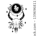 Black and white vector illustration of a bull skull with crystals, flowers, moon, and stars. Mystical boho design for tattoo, poster, print, or emblem. 139696811