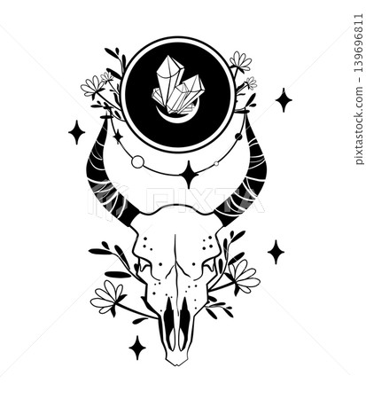 Black and white vector illustration of a bull skull with crystals, flowers, moon, and stars. Mystical boho design for tattoo, poster, print, or emblem. Black and white vector illustration of a bull skull with crystals, flowers, moon, and stars. Mystical boho design for tattoo, poster, print, or emblem. 139696811