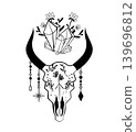 Black and white vector illustration of a bull skull with crystals, flowers, and hanging ornaments. Mystical boho design for tattoo, print, poster, or emblem. 139696812