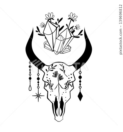 Black and white vector illustration of a bull skull with crystals, flowers, and hanging ornaments. Mystical boho design for tattoo, print, poster, or emblem. Black and white vector illustration of a bull skull with crystals, flowers, and hanging ornaments. Mystical boho design for tattoo, print, poster, or emblem. 139696812