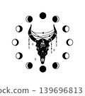 Black and white vector illustration of a bull skull with snake, moon phases, and hanging ornaments. Mystical celestial design for tattoo, print, or poster. 139696813