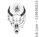 Black and white vector illustration of a bull skull with a small snake, ornaments, and moon phases. Mystical boho design for tattoo, print, poster, or logo. 139696814