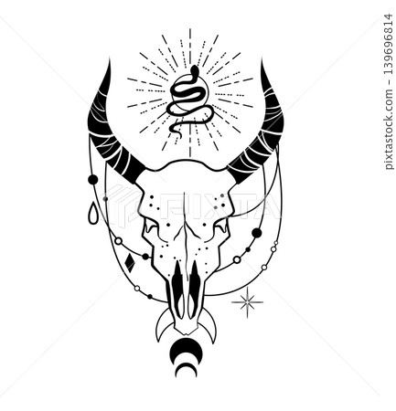 Black and white vector illustration of a bull skull with a small snake, ornaments, and moon phases. Mystical boho design for tattoo, print, poster, or logo. 139696814