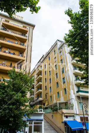 Pastel-colored buildings in Ajaccio, Napoleon's birthplace, on the French island of Corsica in the Mediterranean Sea. Pastel-colored buildings in Ajaccio, Napoleon's birthplace, on the French island of Corsica in the Mediterranean Sea. 139696879