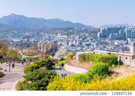 Top view of Seoul city wall of Naksan Park in spring, Korea Top view of Seoul city wall of Naksan Park in spring, Korea 139697139
