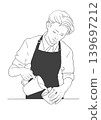 Line drawing of a male barista in a black apron; black apron, latte art 139697212