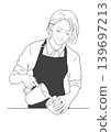 Line drawing of a female barista in a black apron; black apron, latte art 139697213