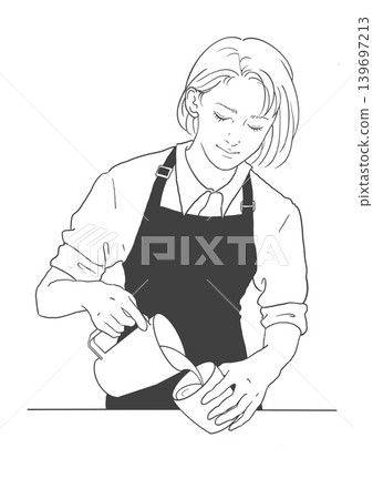 Line drawing of a female barista in a black apron; black apron, latte art 139697213